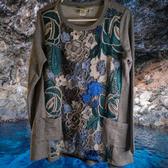 Logo Lounge Sm long sleeve floral print front pockets cotton blend stretch top - Picture 1 of 1